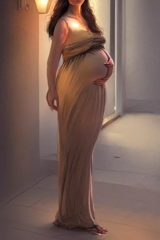 Image similar to pregnant woman under street light, highly detailed, sharp focused, ultra realistic digital concept art by Theodore Ralli