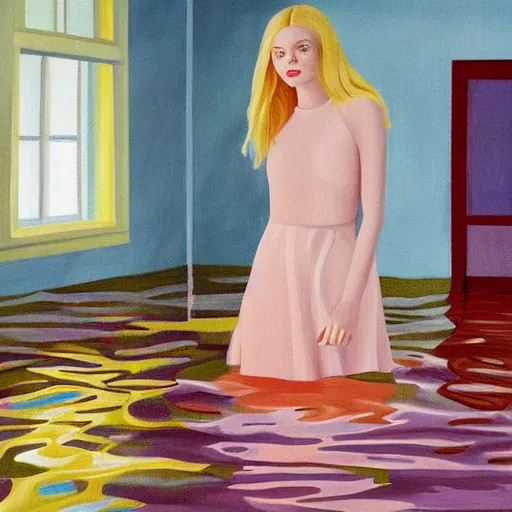 Image similar to painting of Elle Fanning in a flooded house interior, precisionism style