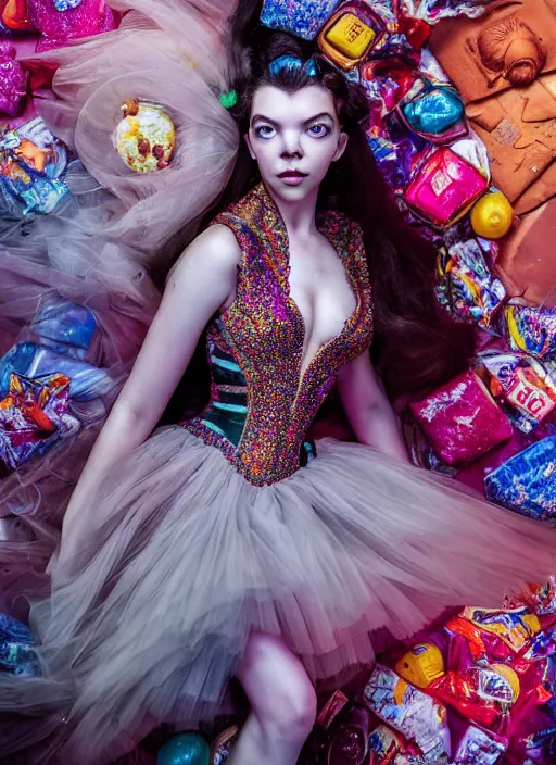 Image similar to expressive full body photo of anya taylor - joy, dress made of sweets and candies, glamour shot, by karol bak, stefan gesell, photorealistic, nikon d 4 x, fashion photography, hyper maximalist, elegant, ornate, luxury, elite, environmental portrait, symmetrical features, octane render, unreal engine, solid dark grey background, dramatic lights