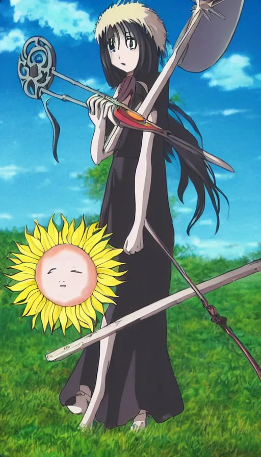 Image similar to the being death as a cute anime girl with a giant cute sun flower scythe from a studio ghibli film inspired by the death tarot card