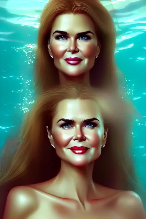 Image similar to mix of beautiful young maria shriver, mariel hemmingway, brooke shields, nicole kidman and elle macpherson as an underwater mermaid, thin lips, hair tied up in a pony tail, dark blonde hair, colorful, artstation, cgsociety