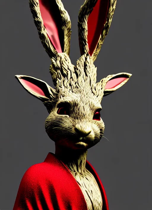 Prompt: rabbit groot as marble statue, red sunglasses, in red background, soft red texture, red realistic 3 d render, high red lights, 4 k, high detailed photography red, 5 0 mm lens, rich red colors, smooth gradients, depth of field, cinematic, cape