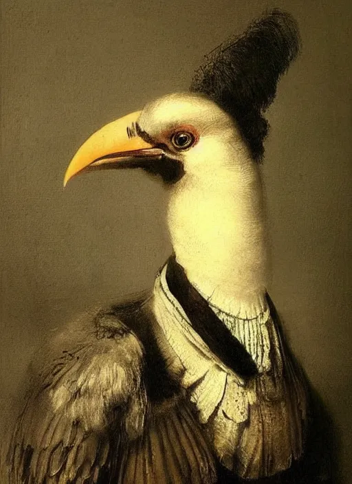 Prompt: beautiful portrait painting of an elegant bird wearing a suit,,,,,,, by rembrandt