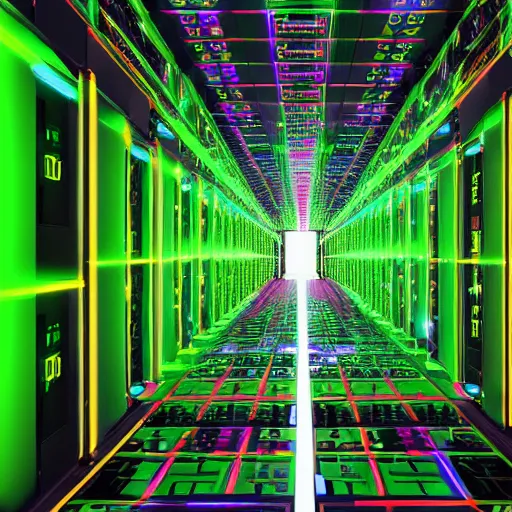 Image similar to neon environment datacenter, circuits, matrix, hd, 8 k, 2 0 7 7