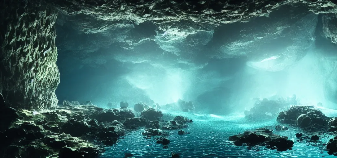 Image similar to beautiful view of an underwater cavern, glowing water with caustics, dark atmosphere, dappled light, reflections, bubbles, refraction, symmetry, cinematic lighting, ultra detailed, sharp, ambient occlusion, bloom, raytracing, by dylan cole, sebastian meyer and jordan grimmer