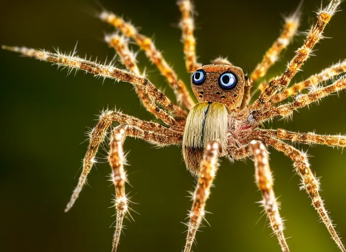 Image similar to super macro of a crystal spider with big eyes sitting on a flower, in the forest. Fantasy magic style. Highly detailed 8k. Intricate. Nikon d850 300mm. Award winning photography.