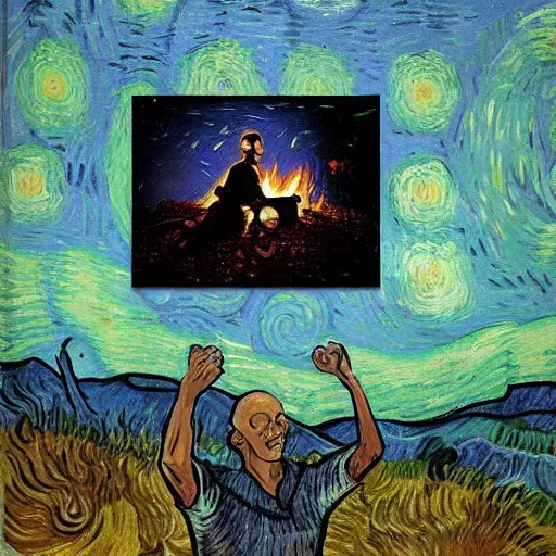 Prompt: alien at a bonfire, painted by van gogh