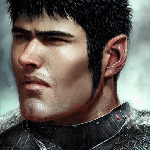 Prompt: realistic portrait of guts from berserk extremely detailed, made by wlop and maxwell boas