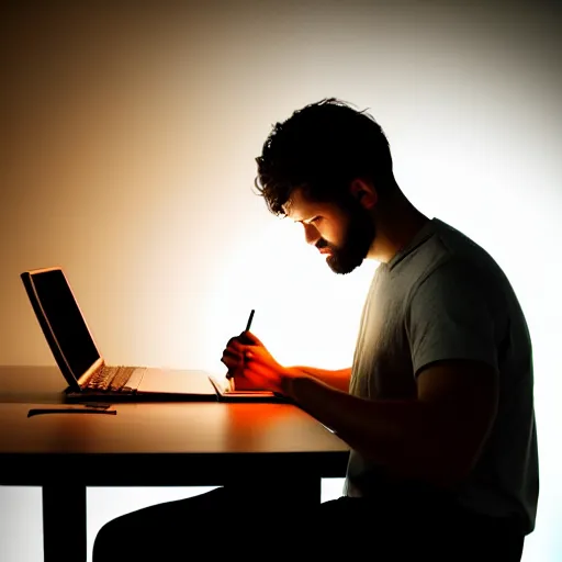 Image similar to a photograph of a man writing the novel of his life story, award - winning photograph, studio lighting, dramatic colors, striking lighting, perfect composition