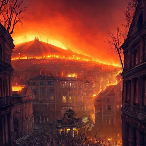 Image similar to lviv downtown in hell, inferno, witches, demons, panorama, highly detailed, full body, digital painting, trending on artstation, concept art, sharp focus, illustration, art by artgerm and greg rutkowski and magali villeneuve
