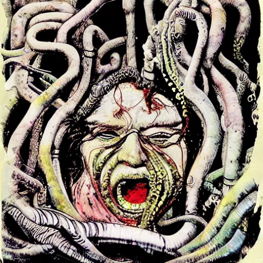 Image similar to graphic illustration, creative design, medusa, biopunk, by ralph steadman, francis bacon, hunter s thompson