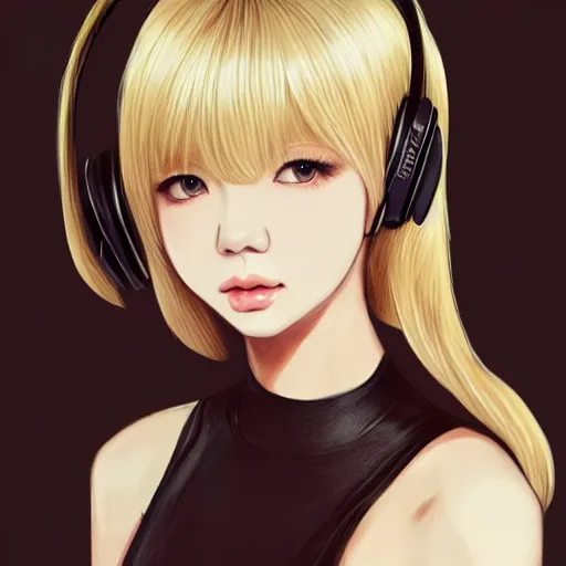 Image similar to realistic beautiful gorgeous natural cute Blackpink Lalisa Manoban blonde hair cute fur blonde cat ears, wearing camisole, wearing headphones, wearing black leather choker artwork drawn full HD 4K highest quality in artstyle by professional artists WLOP, Taejune Kim, Guweiz on Artstation Pixiv