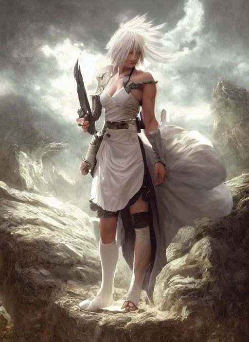 Image similar to realistic portrait painting of cloud from final fantasy, old mystic ruins, afternoon, intricate, elegant, highly detailed, digital painting, sharp, focus, by artgerm and greg rutkowski