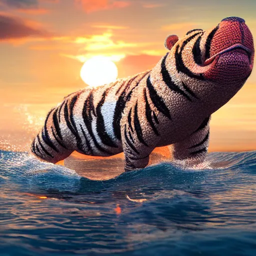 Image similar to a closeup photorealistic photograph of a cute smiling knitted tiger hippopotamus chasing a beachball during sunset. teeth exposed, surf in the background. professional capture. this 4 k hd image is trending on artstation, featured on behance, well - rendered, extra crisp, features intricate detail, epic composition and the style of unreal engine.