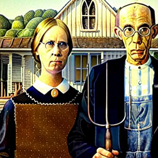 Image similar to american gothic with bananas for tines