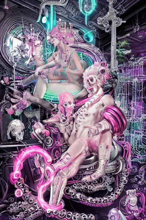 Prompt: full-body rococo and cyberpunk style neon statue of a young attractive portugues macho dotado e rico android sim roupa reclining con piroca dura, glowing white laser eyes, prince crown of pink gears, diamonds, swirling silver-colored silk fabric. futuristic elements. full-length view. space robots. human skulls. intricate artwork by caravaggio. Trending on artstation, octane render, cinematic lighting from the right, hyper realism, octane render, 8k, depth of field, 3D