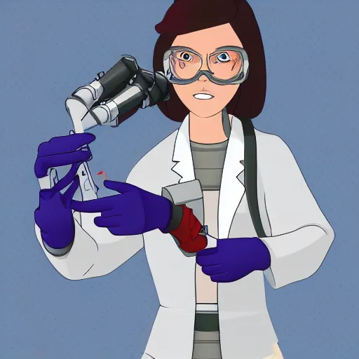 Image similar to a female scientist with a futuristic cyborg arm drawn in american animation style