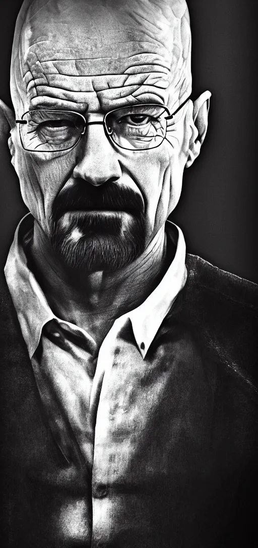 Image similar to phone wallpaper of a photo portrait of walter white posing, black and white photo