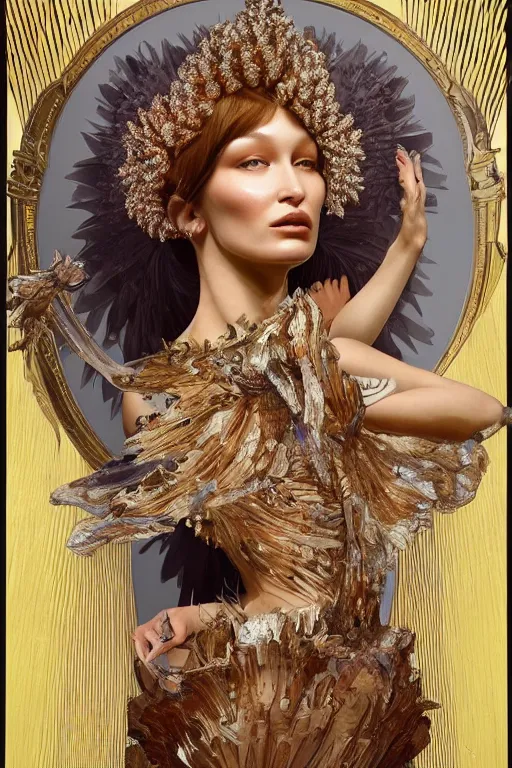 Image similar to a highly detailed painting of a beautiful alien goddess bella hadid in iris van herpen dress schiaparelli in diamonds in style of alphonse mucha art nuvo trending on artstation octane render