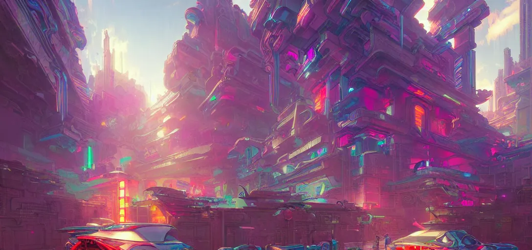 Image similar to street view of a cybernetic temple, vaporwave aesthetic, colorful, psychedelic, digital painting, artstation, concept art, smooth, sharp focus, illustration, art by artgerm and greg rutkowski and alphonse mucha