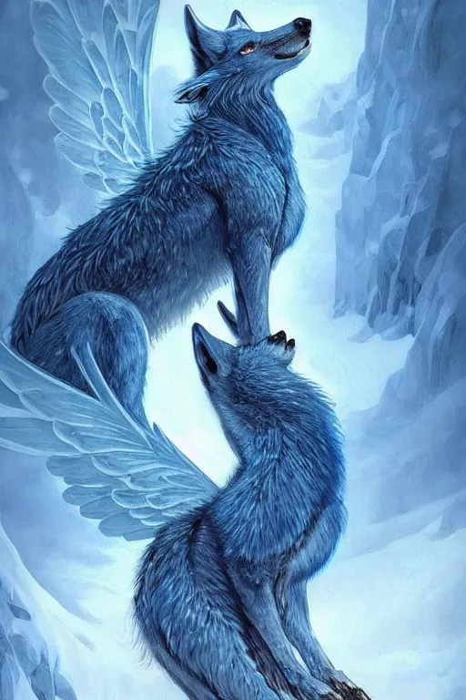 Image similar to blue wolf with wings, facing front, regal, elegant, winter, snow, beautiful, stunning, hd, illustration, epic, d & d, fantasy, intricate, elegant, highly detailed, digital painting, artstation, concept art, smooth, sharp focus, illustration, wallpaper, art by artgerm and greg rutkowski and alphonse mucha and jin xiaodi