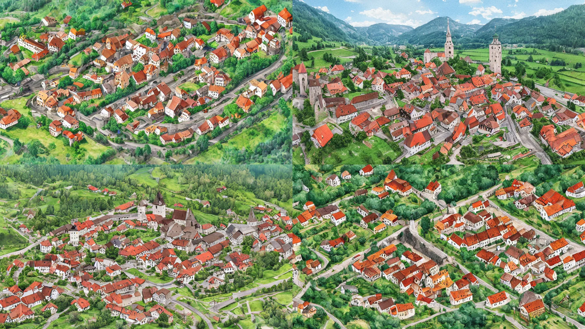 Prompt: High-Quality digital watercolor painting of a traditional Bavarian village surrounded by medieval walls in a valley, isometric aerial view, peaceful, very detailed, digital art.