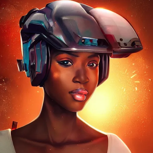 Image similar to portrait cartoon manga anime render of a strikingly gorgeous nigerian 👩🏿, wearing an intricate gundam pilot helmet, rossdraws, artgerm, norman rockwell, emiliano ponzi, epic composition, hd, octane, unreal engine, volumetric lighting, light rays, masterpiece, award - winning