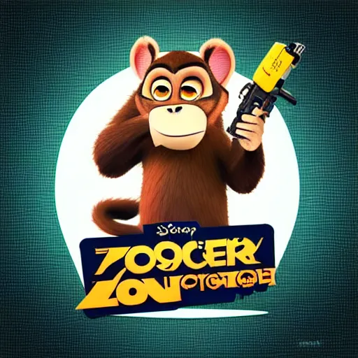 Image similar to “ logo of a monkey in the style of zootopia holding laser gun, with a black background, digital art, award winning, trending on art station, retro style ”