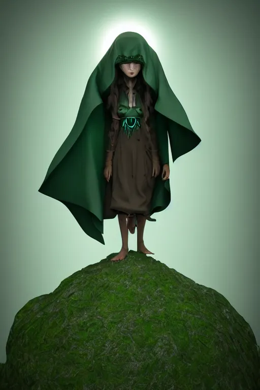 Image similar to A cute shaman with no nose, glowing eyes and a very long hooded dark green cloak of leaves by Vivien Lulkowski and Julien Kaspar, 3D render, stylized, Cycles Render