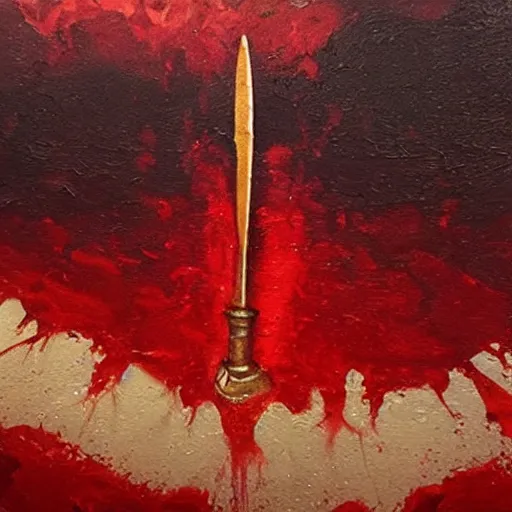 Prompt: “ evil cursed dagger floating above a sea of blood, huh detail oil painting with reflections ”