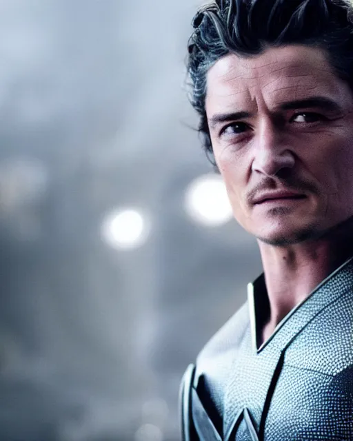 Image similar to A movie still of Orlando Bloom as Magneto in X-Men movie, dynamic lighting, villain pose, 8k, 2022 picture of the year