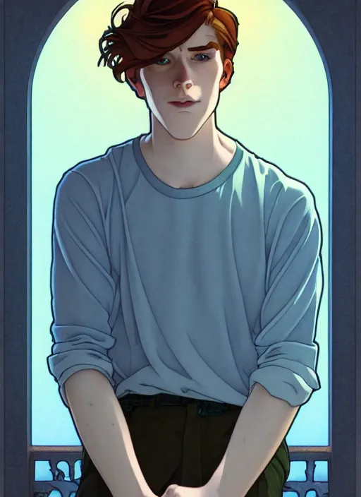 Prompt: well - lit art nouveau portrait of a young man with straight auburn hair, pale skin, freckles, light blue eyes, sad expression, casual clothes, natural lighting, path traced, highly detailed, high quality, cartoon, digital painting, by don bluth and ross tran and studio ghibli and alphonse mucha