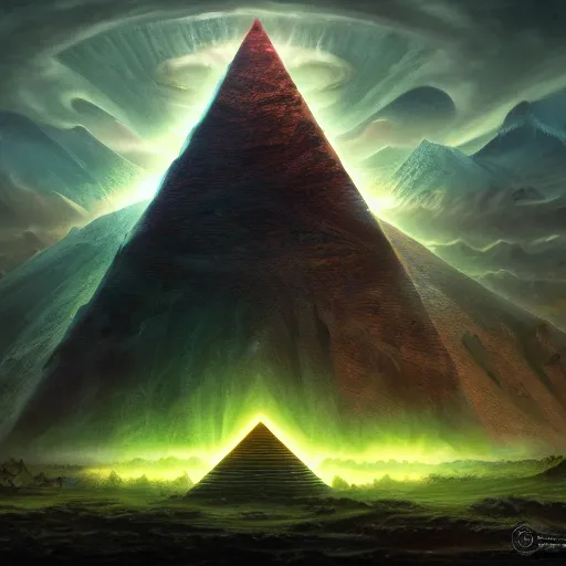 Prompt: a huge chaos dark eldritch pyramid with a giant eye with green ray traced light and corruption by WLOP and tony sart and bekinski, god rays, fantasy art, 4k, HDR, photorealistic, 8k, trending on artstation