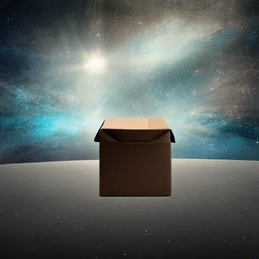 Image similar to into the unknown, whats at the edge of the universe, cardboard box sailboat in space, by lucas parolin, dark and moody, high detail, extremely sharp detail aspect ratio 1 1 by 1 4