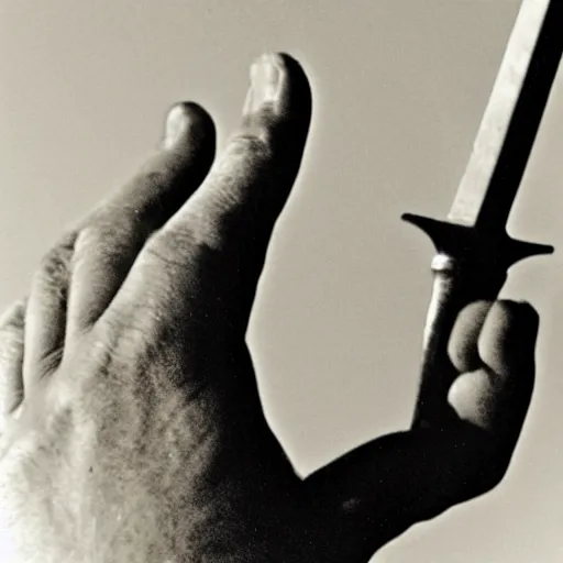 Image similar to still photograph of a hand holding a sword, appearing out of water