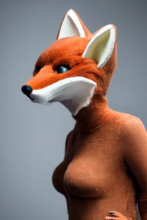 Prompt: photo of a woman in a realistic fox fursuit body, with her head exposed, in a photo studio, studio photography