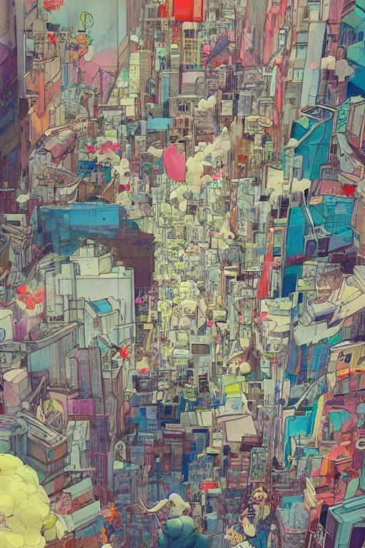 Image similar to people in a busy city covered with graffiti clouds, professional illustration by james jean, painterly, yoshitaka Amano, hiroshi yoshida, moebius, loish, painterly, and artgerm, illustration