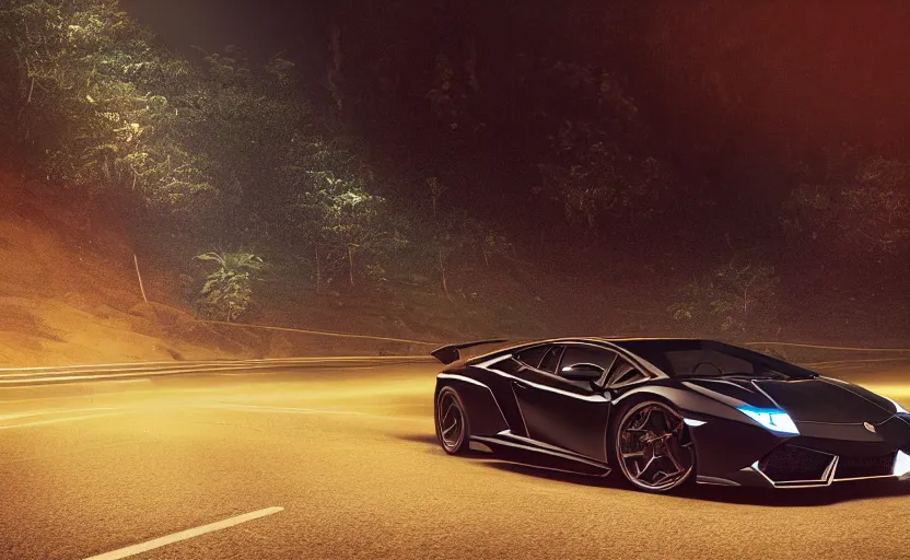 Image similar to a black Lamborghini in the mountain road at night whit cyan headlights on, by Khyzyl Saleem, night time, atmospheric, artstaion, concept art, illustration, sharp focus, high detail, octane render, cyberpunk, intimidating