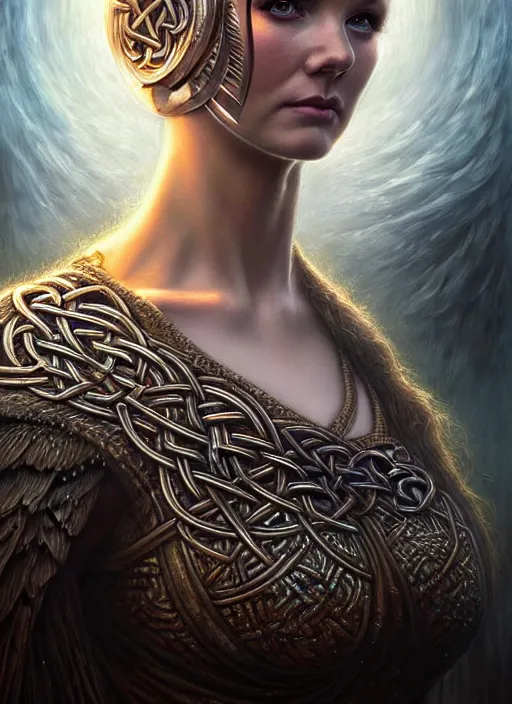 Image similar to closeup portrait shot of a celtic woman in a scenic dystopian environment, intricate, elegant, highly detailed, centered, digital painting, artstation, concept art, smooth, sharp focus, illustration, artgerm, tomasz alen kopera, peter mohrbacher, donato giancola, joseph christian leyendecker, wlop, boris vallejo