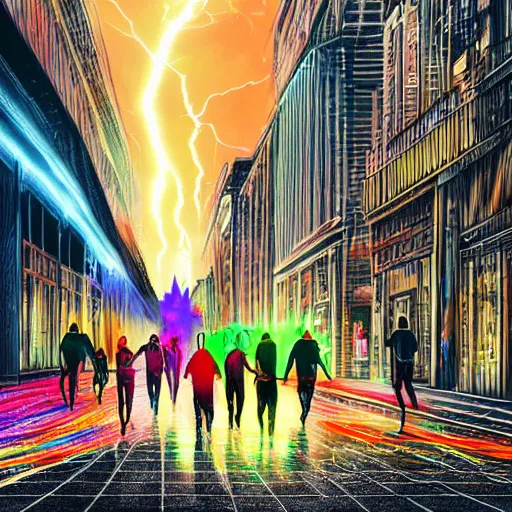 Prompt: landscape of people running away scared from crypto logos standing in the city, digital drawing, beautiful lightning, sharp colors, hyper - detailed, hdr, 8 k