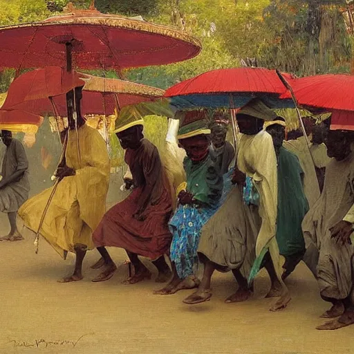 Prompt: parade of dahomey officials with colorful flat umbrellas, 1895, highly detailed, oil on canvas, by ilya repin