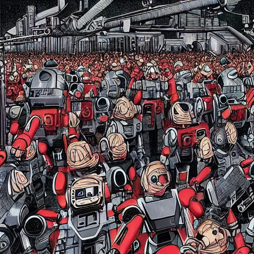 Image similar to Where's Waldo, on a futuristic robot battlefield