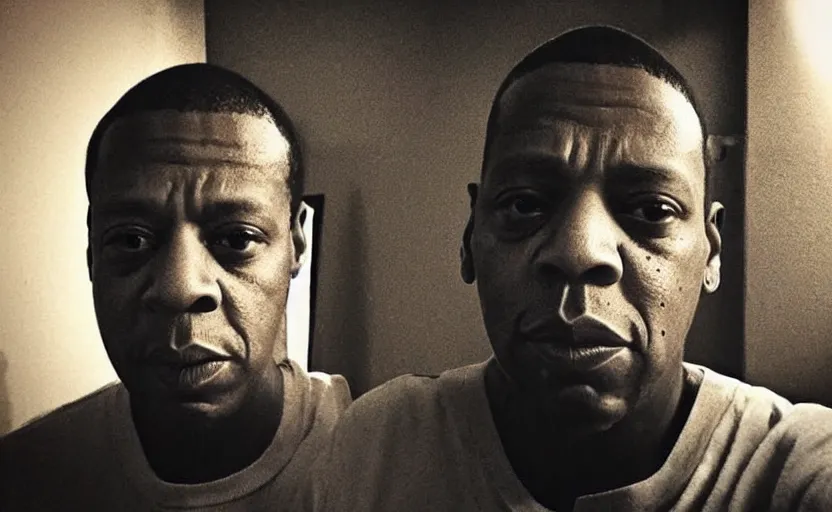 Image similar to my uncle look like Jay-Z if he was poor asf lmao, close-up, one person in frame, portrait, uncomfortable, funny, phone quality, camera flash on, viral photo, viral on instagram, viral on Twitter