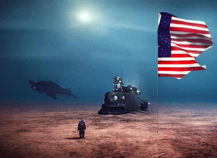 Image similar to astronaut holding a flag in an underwater desert. a submarine is visible in the distance. dark, concept art, cinematic, dramatic, atmospheric, 8 k, trending on artstation, blue, fish, low visibility, fog, ocean floor, christopher nolan, interstellar