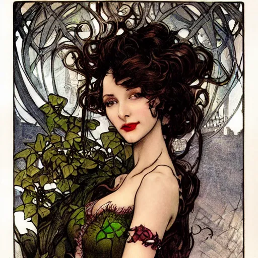 Image similar to a beautiful and detailed magic the gathering card of a seductive poison ivy dressed as a lawyer in the big city, dark eyeliner, intricate, elegant, highly detailed, digital painting, artstation, concept art, matte, sharp focus, illustration, art by rebecca guay and by arthur rackham and by alphonse mucha and by john william waterhouse