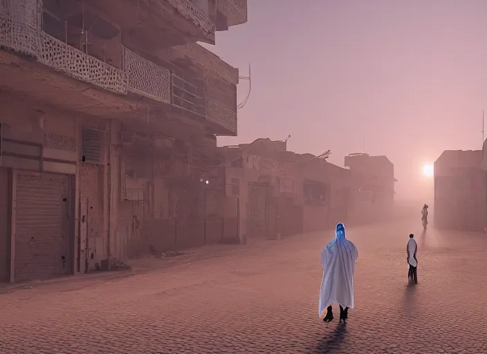 Image similar to old cyber jeddah city alley, roshan, old shops, horse, magical glowing sand gateway to another dimension, ( several robots )!!! and a man wearing a white robe standing watching over, dramatic lighting, dawn, by caspar david friedrich, unreal engine 5