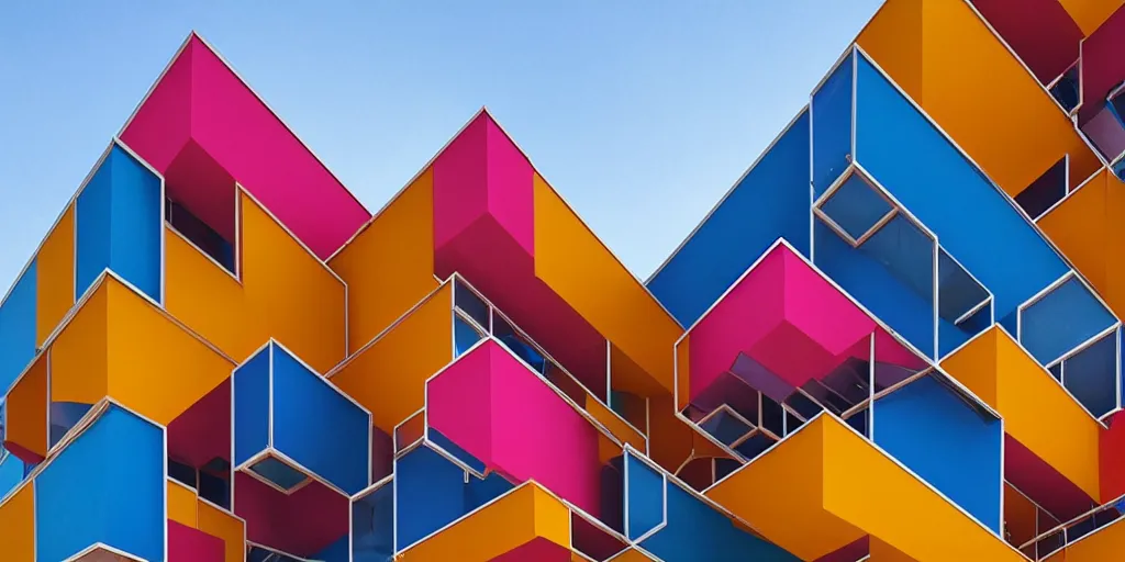 Prompt: extremely beautiful architecture photo of a colorful building complex designed by rem koolhaas and virgil abloh, postmodern, clean, the structure is angular and geometric, beautiful, award winning architecture, extremely beautiful lighting, cinematic composition, modern, render, architectural, architecture, realistic, clear