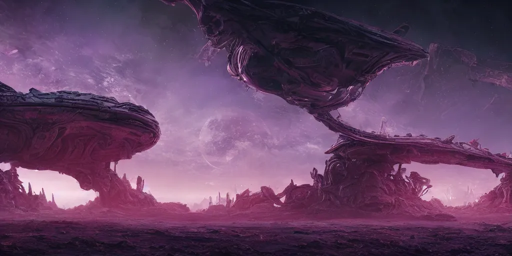 Image similar to alien landscape, ruined alien structures, glowing purple, beautiful, solarpunk, trending on artstation, 8 k, high detail, by shrimbly flingleston