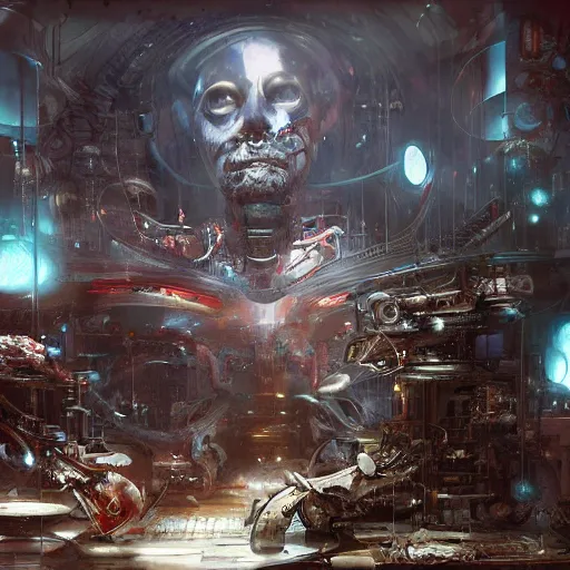 Prompt: epic biopunk laboratory by raymond swanland