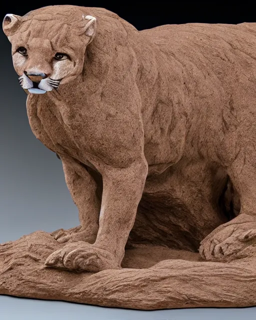 Prompt: a history textbook page showing a picture of 'clay sculpture of a giant cougar', clay sculpture, photograph, zoomed out, trending on tumblr, textbook page